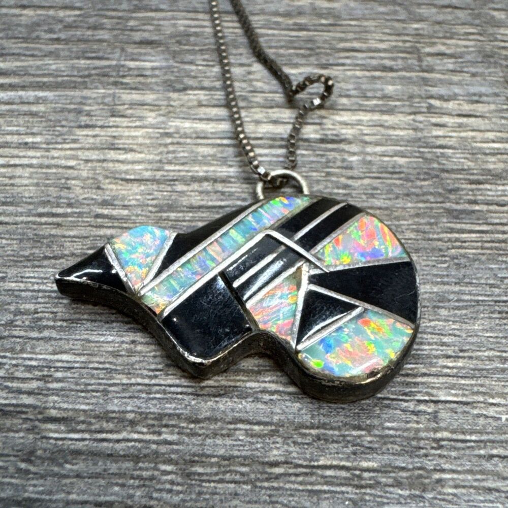 Vtg Apache Richard Reeve Sterling Silver Opal & Black Onyx Polar Bear Pendant RR